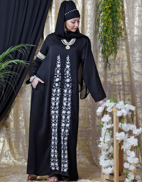 Dubai Front Embroidered Zip At Neck Nida Abaya White